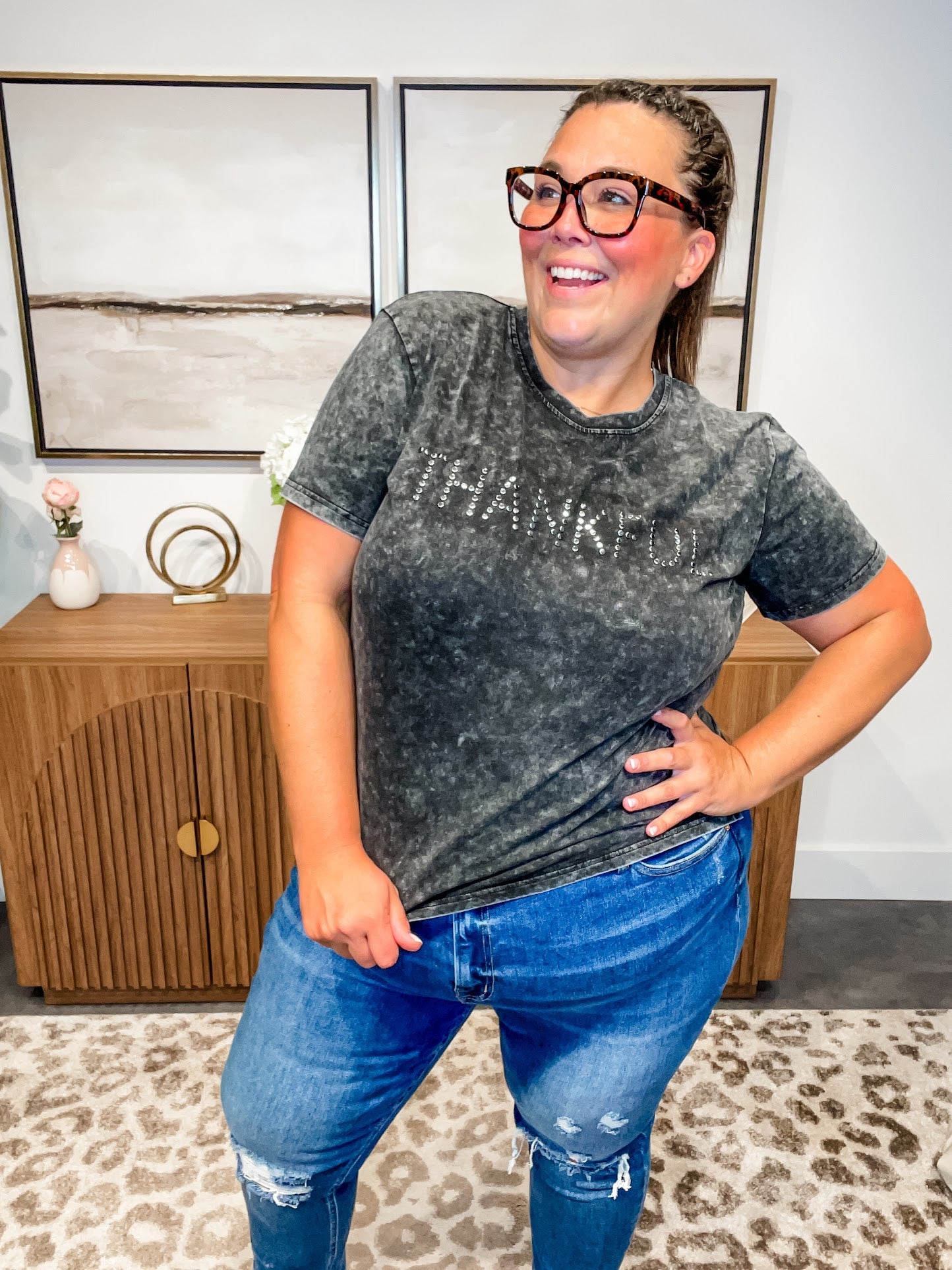 Thankful & Thriving Tee in Charcoal (S-1XL)-130 Graphic Tees-Merigold Kiss-Hello Friends Boutique-Woman's Fashion Boutique Located in Traverse City, MI