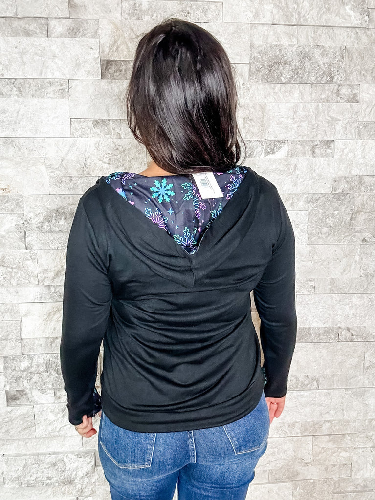 Audre Hoodie in Black w/Snowflake Print (S-3XL)-150 Sweatshirts/Hoodies-Shirley & Stone-Hello Friends Boutique-Woman's Fashion Boutique Located in Traverse City, MI
