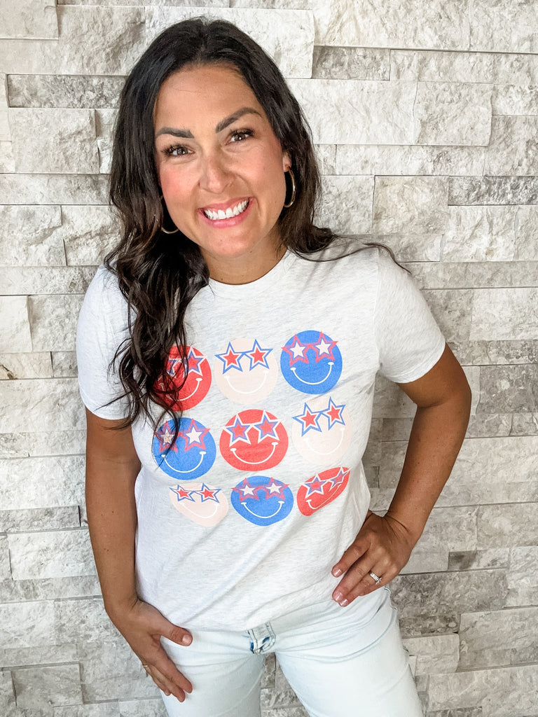 Patriotic Smileys Tee (S-2XL)-130 Graphic Tees-SIMPLY TEES-Hello Friends Boutique-Woman's Fashion Boutique Located in Traverse City, MI