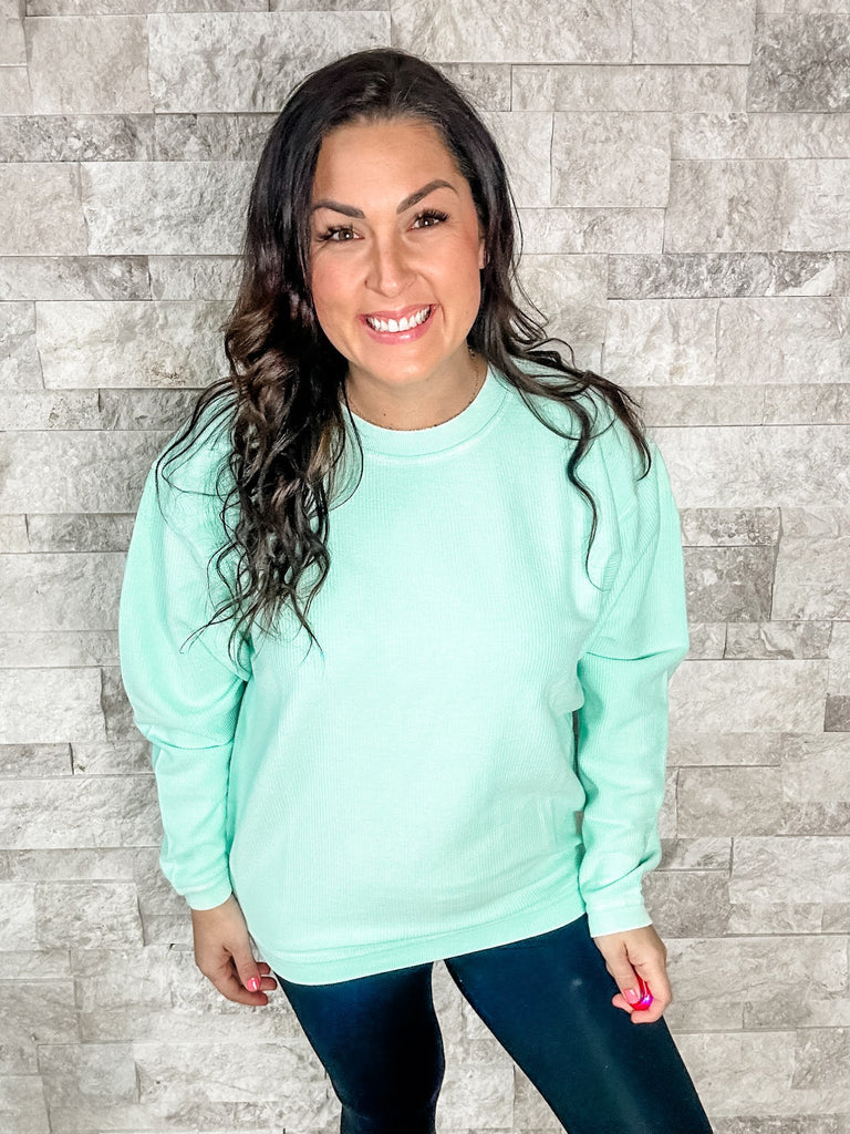Moon Ryder Luxe Corded Crew in Mint (S-2XL)-150 Sweatshirts/Hoodies-Moon Ryder-Hello Friends Boutique-Woman's Fashion Boutique Located in Traverse City, MI