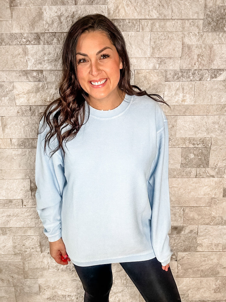 Moon Ryder Luxe Corded Crew in Sky Blue (S-2XL)-150 Sweatshirts/Hoodies-Moon Ryder-Hello Friends Boutique-Woman's Fashion Boutique Located in Traverse City, MI