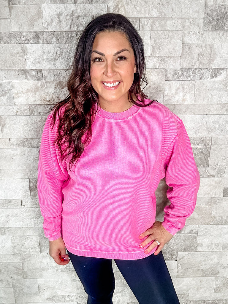 Moon Ryder Luxe Corded Crew in Deep Pink (S-2XL)-150 Sweatshirts/Hoodies-Moon Ryder-Hello Friends Boutique-Woman's Fashion Boutique Located in Traverse City, MI