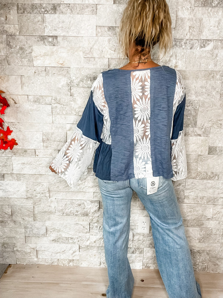 V-Neck Long Flare Sleeve Lace Detail Top in Indigo (S-L)-110 Long Sleeve-POL-Hello Friends Boutique-Woman's Fashion Boutique Located in Traverse City, MI