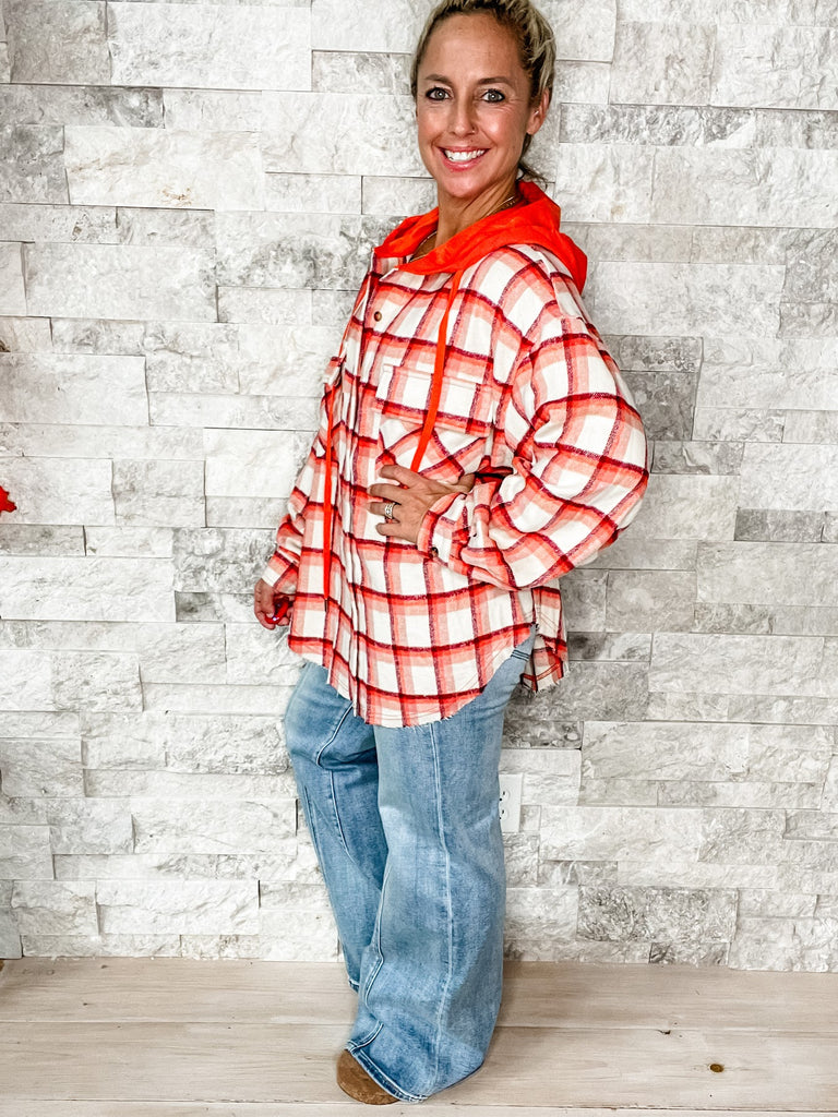 Plaid Pursuit Top in Orange (S-XL)-170 Jackets-White Birch-Hello Friends Boutique-Woman's Fashion Boutique Located in Traverse City, MI