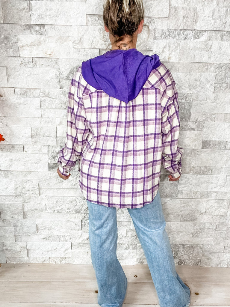 Plaid Pursuit Top in Purple (S-XL)-170 Jackets-White Birch-Hello Friends Boutique-Woman's Fashion Boutique Located in Traverse City, MI