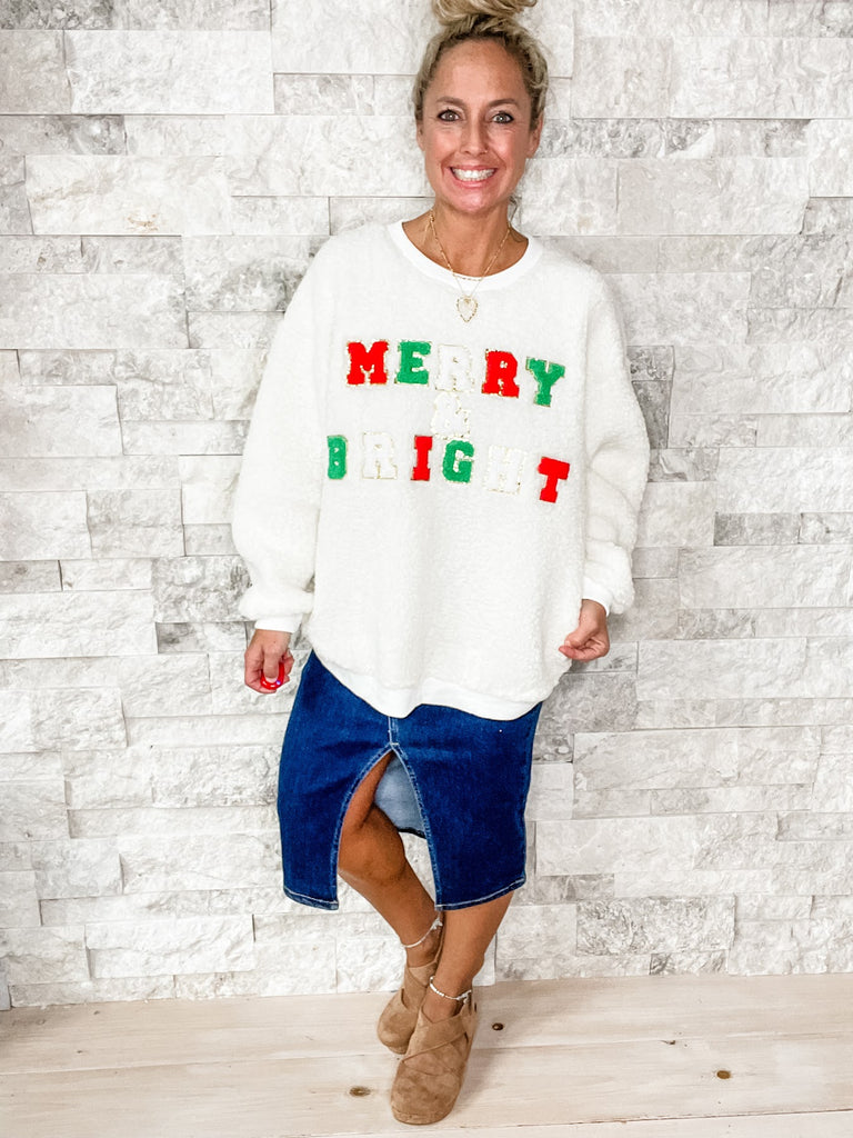 Merry & Bright Sherpa Patch Pullover (S-XL)-140 Sweaters-Bibi-Hello Friends Boutique-Woman's Fashion Boutique Located in Traverse City, MI