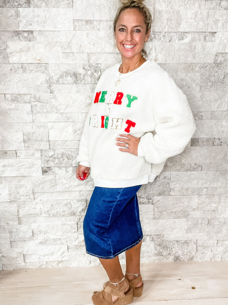 Merry & Bright Sherpa Patch Pullover (S-XL)-140 Sweaters-Bibi-Hello Friends Boutique-Woman's Fashion Boutique Located in Traverse City, MI