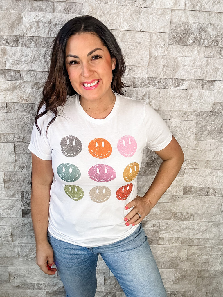 Rainbow Smileys Tee (S-2XL)-130 Graphic Tees-SIMPLY TEES-Hello Friends Boutique-Woman's Fashion Boutique Located in Traverse City, MI