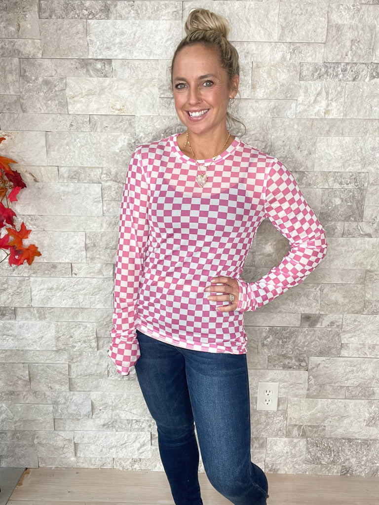 Dress It Up Top in Pink Checkered (S/M-2XL)-110 Long Sleeve-Blakeley-Hello Friends Boutique-Woman's Fashion Boutique Located in Traverse City, MI