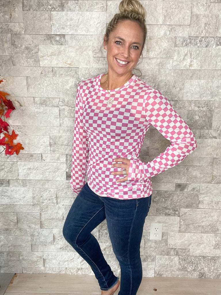 Dress It Up Top in Pink Checkered (S/M-2XL)-110 Long Sleeve-Blakeley-Hello Friends Boutique-Woman's Fashion Boutique Located in Traverse City, MI