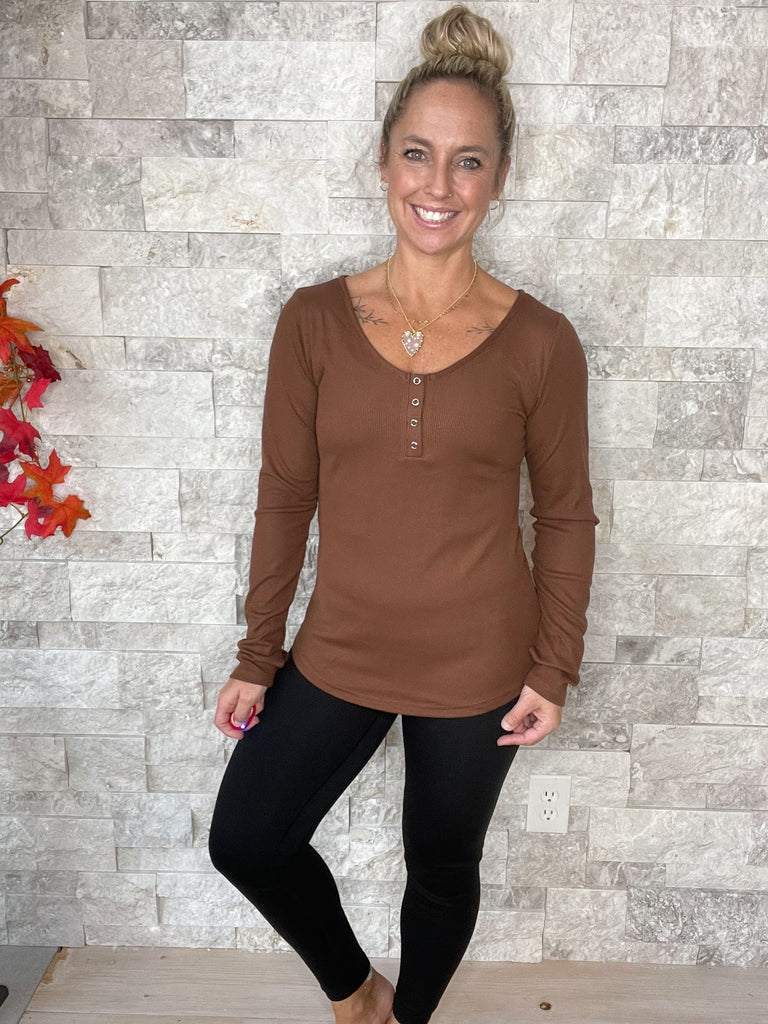 The Fall Brooklyn Henley in Brown (S/M-3XL)-110 Long Sleeve-Blakeley-Hello Friends Boutique-Woman's Fashion Boutique Located in Traverse City, MI