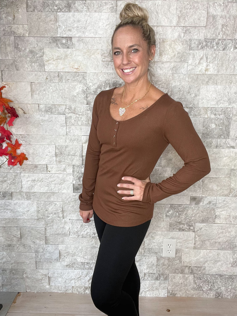 The Fall Brooklyn Henley in Brown (S/M-3XL)-110 Long Sleeve-Blakeley-Hello Friends Boutique-Woman's Fashion Boutique Located in Traverse City, MI