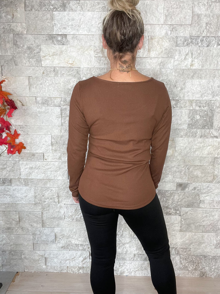 The Fall Brooklyn Henley in Brown (S/M-3XL)-110 Long Sleeve-Blakeley-Hello Friends Boutique-Woman's Fashion Boutique Located in Traverse City, MI