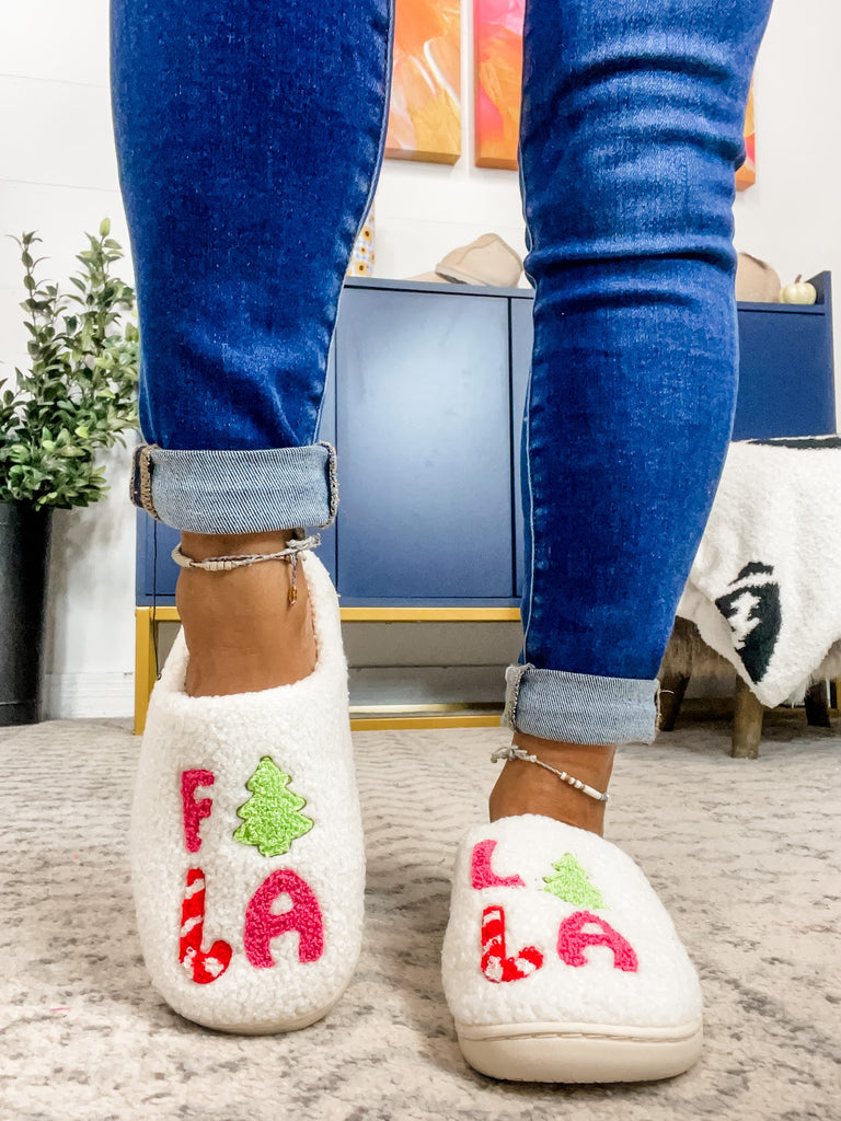 ‘FALALALA’ Tree Fuzzy Slippers-250 Shoes-faire - Lilla Haven-Hello Friends Boutique-Woman's Fashion Boutique Located in Traverse City, MI