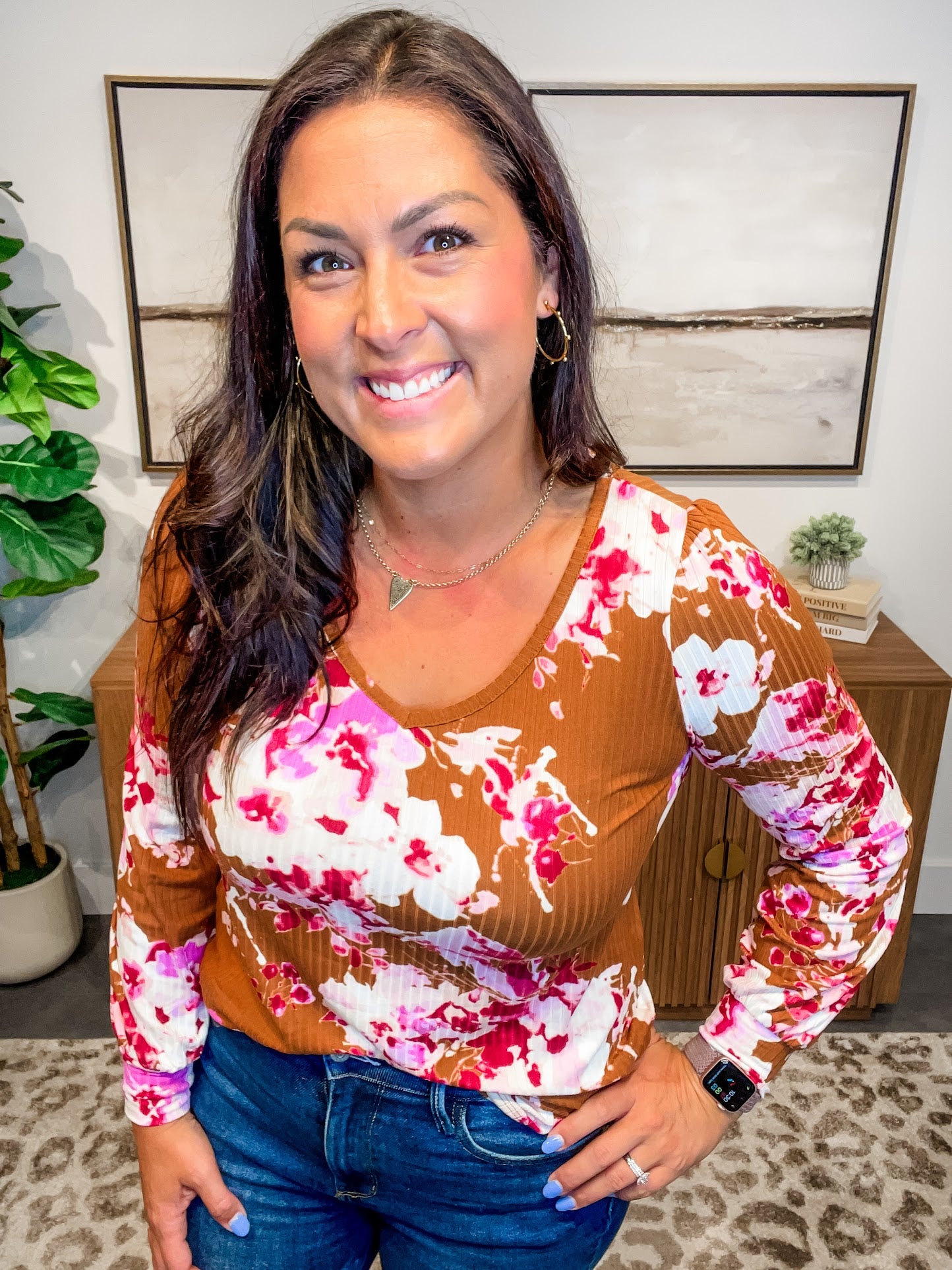 Wildflower Whisper V-Neck Ribbed Top (S-L)-110 Long Sleeve-Staccato-Hello Friends Boutique-Woman's Fashion Boutique Located in Traverse City, MI