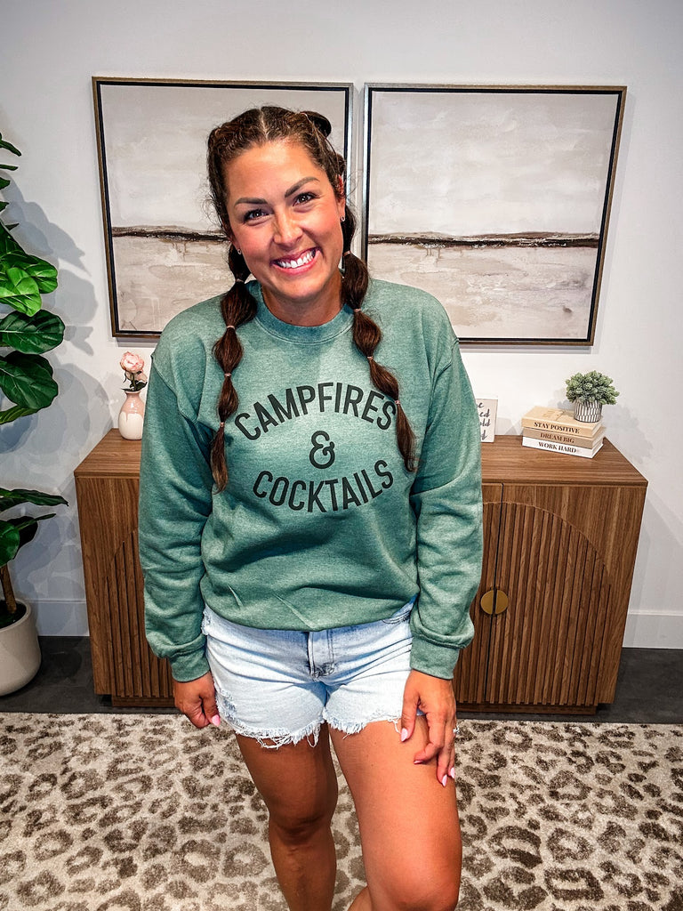 Campfires and Cocktails Crewneck Sweatshirt (S-2XL)-130 Graphic Tees-Trendznmore - faire-Hello Friends Boutique-Woman's Fashion Boutique Located in Traverse City, MI
