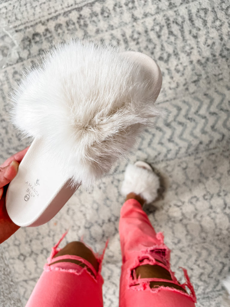 White Furry Slippers (6-11)-250 Shoes-Amanda Blu-Hello Friends Boutique-Woman's Fashion Boutique Located in Traverse City, MI