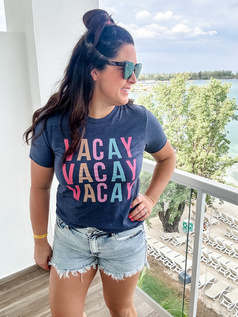 Vacay Tee in Navy (S-2XL)-130 Graphic Tees-SIMPLY TEES-Hello Friends Boutique-Woman's Fashion Boutique Located in Traverse City, MI