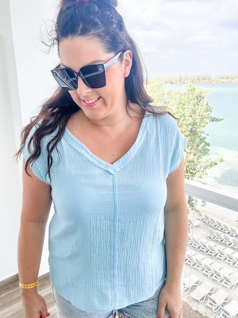 One Step Ahead Top in Airy Blue (S-XL)-100 Short Sleeve-Andree By Unit-Hello Friends Boutique-Woman's Fashion Boutique Located in Traverse City, MI