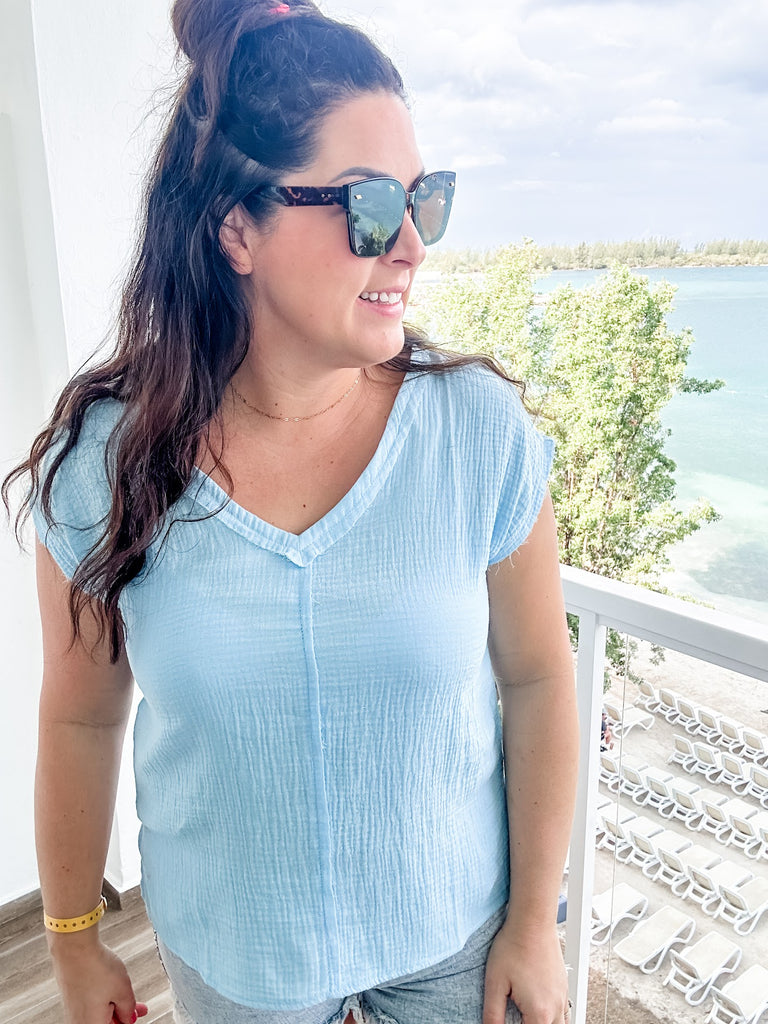 One Step Ahead Top in Airy Blue (S-XL)-100 Short Sleeve-Andree By Unit-Hello Friends Boutique-Woman's Fashion Boutique Located in Traverse City, MI