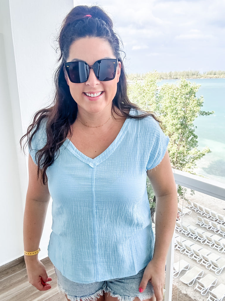One Step Ahead Top in Airy Blue (S-XL)-100 Short Sleeve-Andree By Unit-Hello Friends Boutique-Woman's Fashion Boutique Located in Traverse City, MI