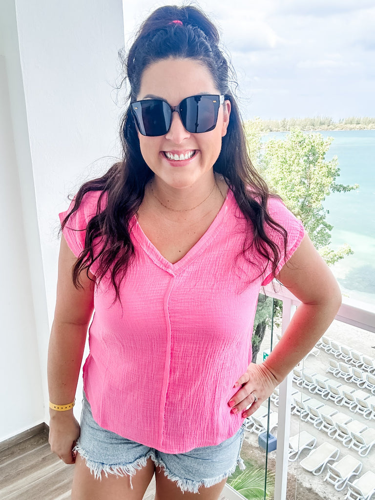 One Step Ahead Top in Pink Cosmos (S-XL)-100 Short Sleeve-Andree By Unit-Hello Friends Boutique-Woman's Fashion Boutique Located in Traverse City, MI