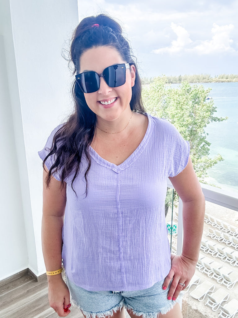One Step Ahead Top in Lavender (S-XL)-100 Short Sleeve-Andree By Unit-Hello Friends Boutique-Woman's Fashion Boutique Located in Traverse City, MI