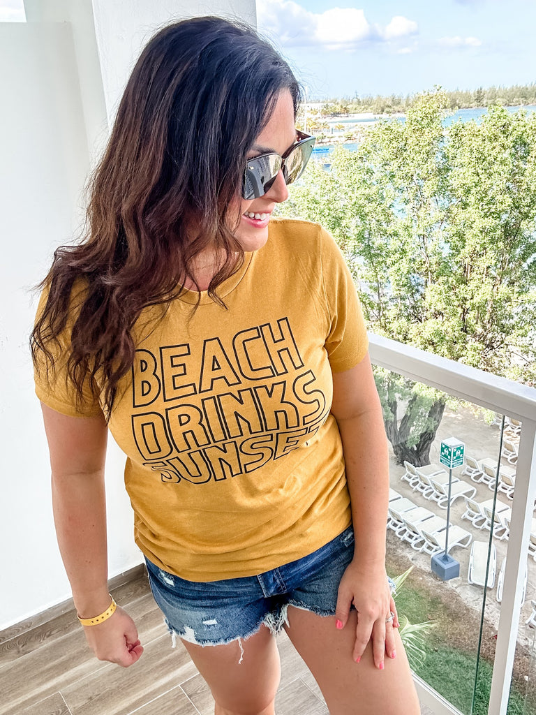 Beach, Drinks, Sunset Tee (S-2XL)-130 Graphic Tees-SIMPLY TEES-Hello Friends Boutique-Woman's Fashion Boutique Located in Traverse City, MI