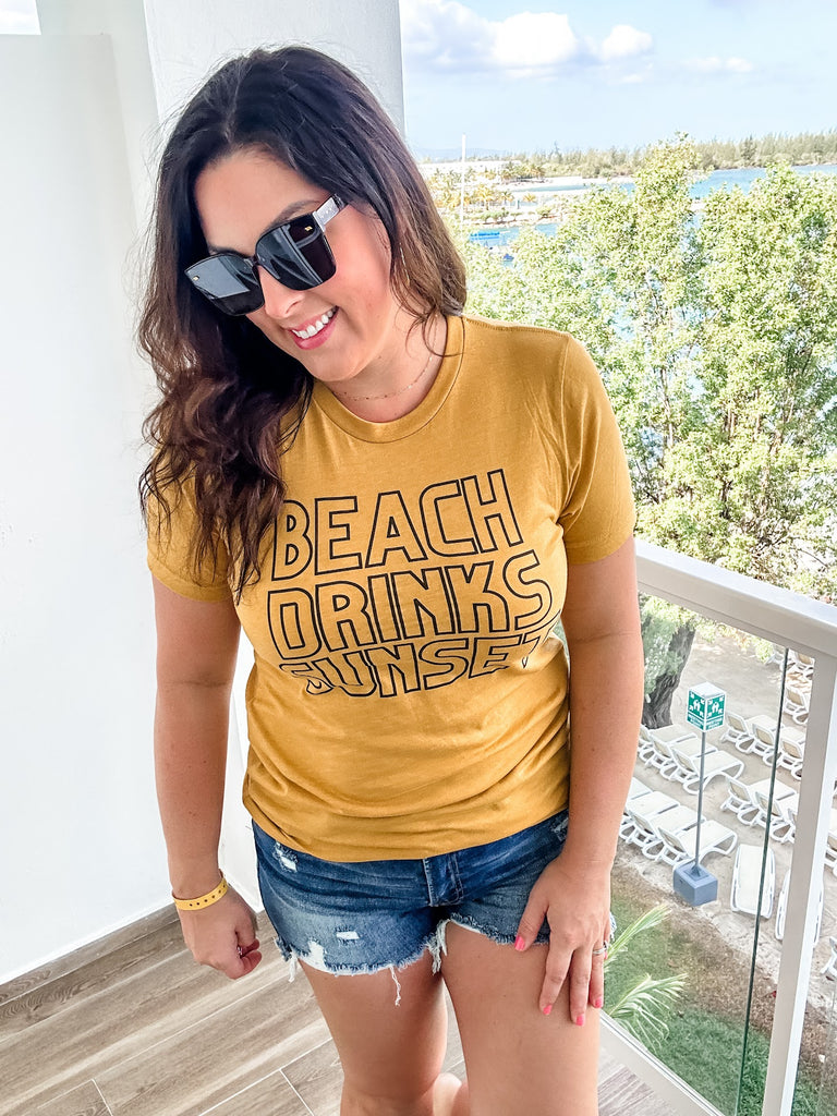 Beach, Drinks, Sunset Tee (S-2XL)-130 Graphic Tees-SIMPLY TEES-Hello Friends Boutique-Woman's Fashion Boutique Located in Traverse City, MI