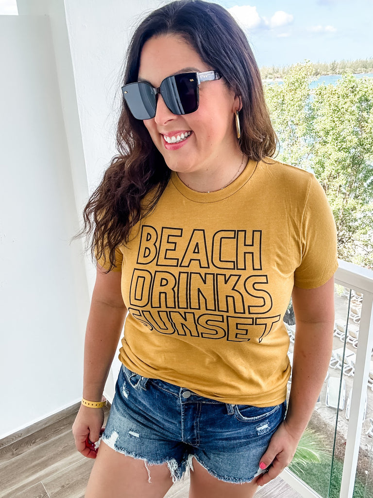 Beach, Drinks, Sunset Tee (S-2XL)-130 Graphic Tees-SIMPLY TEES-Hello Friends Boutique-Woman's Fashion Boutique Located in Traverse City, MI