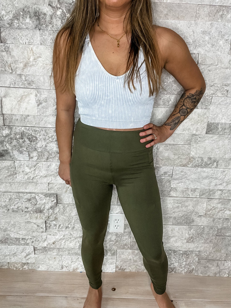 The Vibes Leggings in Dark Olive (S/M-Curvy)-210 Leggings/Joggers-Boutique Only - FashionGo-Hello Friends Boutique-Woman's Fashion Boutique Located in Traverse City, MI