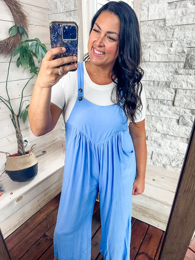 Throw It Back Jumpsuit in Blue (S-L)-190 Rompers/Jumpsuits-KORI-Hello Friends Boutique-Woman's Fashion Boutique Located in Traverse City, MI