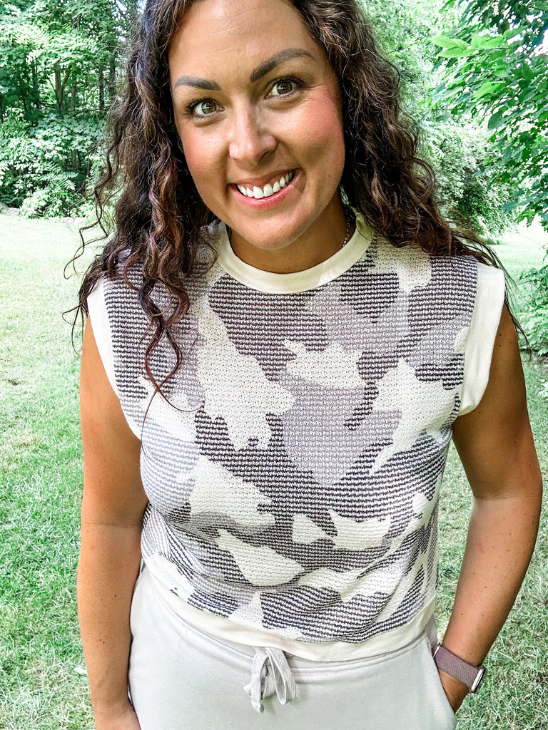 Camo Contrast French Terry Top (S-3XL)-120 Sleeveless-KORI-Hello Friends Boutique-Woman's Fashion Boutique Located in Traverse City, MI