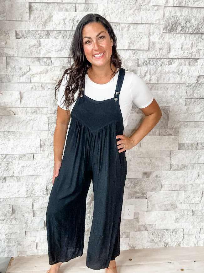 Throw It Back Jumpsuit in Black (S-2XL)-190 Rompers/Jumpsuits-KORI-Hello Friends Boutique-Woman's Fashion Boutique Located in Traverse City, MI