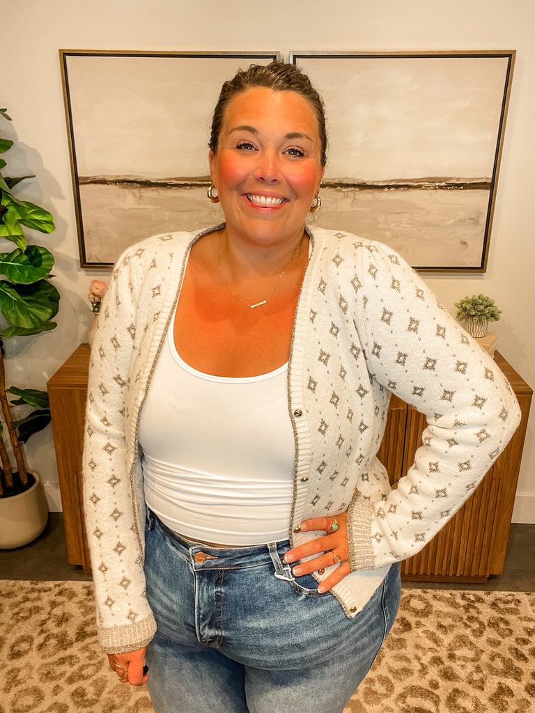 Starlit Stroll Lurex Button Cardigan (S-XL)-160 Cardigans/Kimonos-Staccato-Hello Friends Boutique-Woman's Fashion Boutique Located in Traverse City, MI