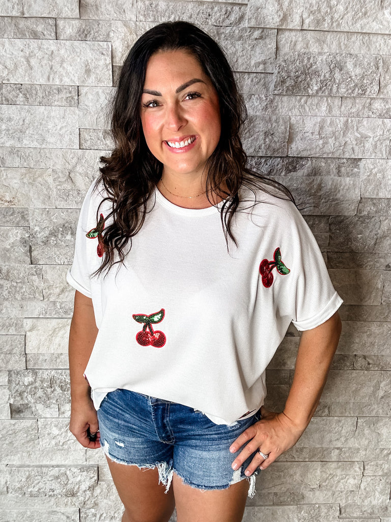 Cherry Blossom Sparkle Top (S-3XL)-100 Short Sleeve-HOPELY-Hello Friends Boutique-Woman's Fashion Boutique Located in Traverse City, MI
