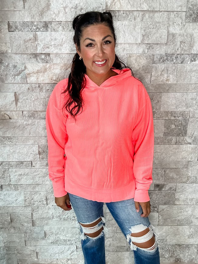 Moon Ryder Corded Hoodie in Coral (S-2XL)-150 Sweatshirts/Hoodies-Moon Ryder-Hello Friends Boutique-Woman's Fashion Boutique Located in Traverse City, MI