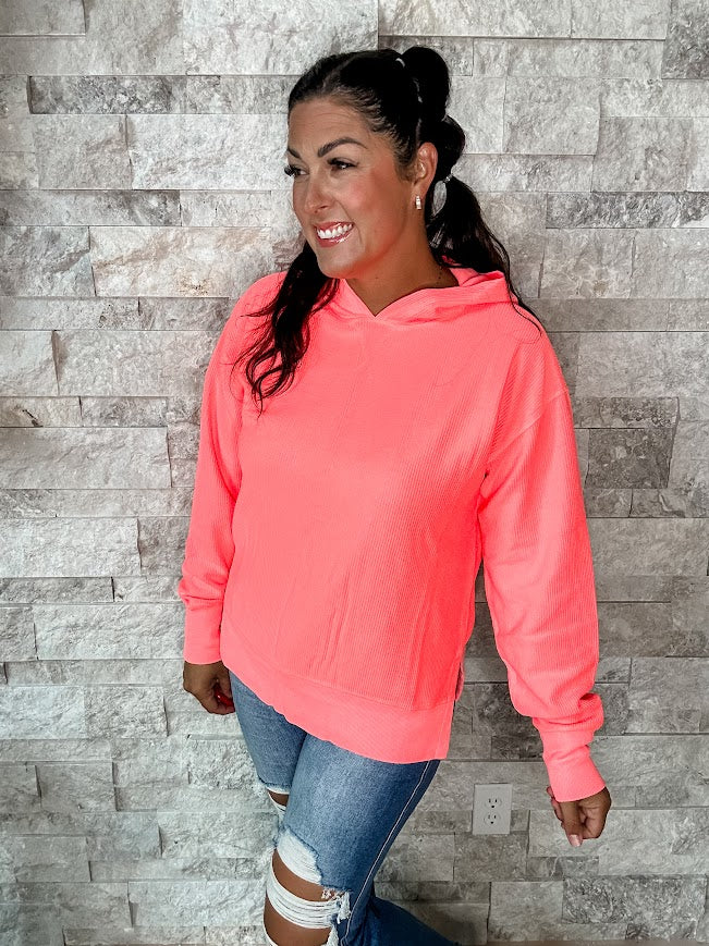 Moon Ryder Corded Hoodie in Coral (S-2XL)-150 Sweatshirts/Hoodies-Moon Ryder-Hello Friends Boutique-Woman's Fashion Boutique Located in Traverse City, MI