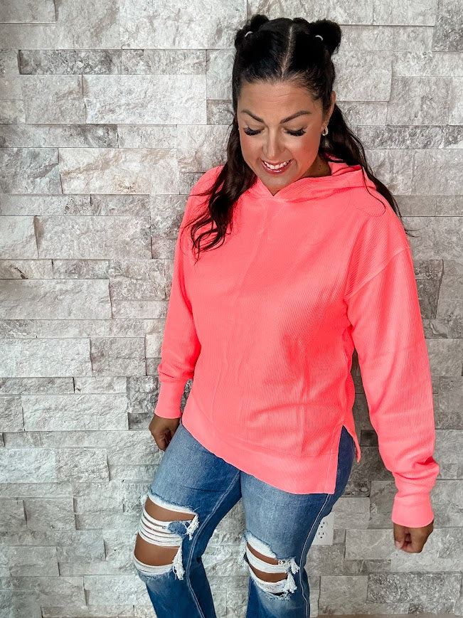 Moon Ryder Corded Hoodie in Coral (S-2XL)-150 Sweatshirts/Hoodies-Moon Ryder-Hello Friends Boutique-Woman's Fashion Boutique Located in Traverse City, MI