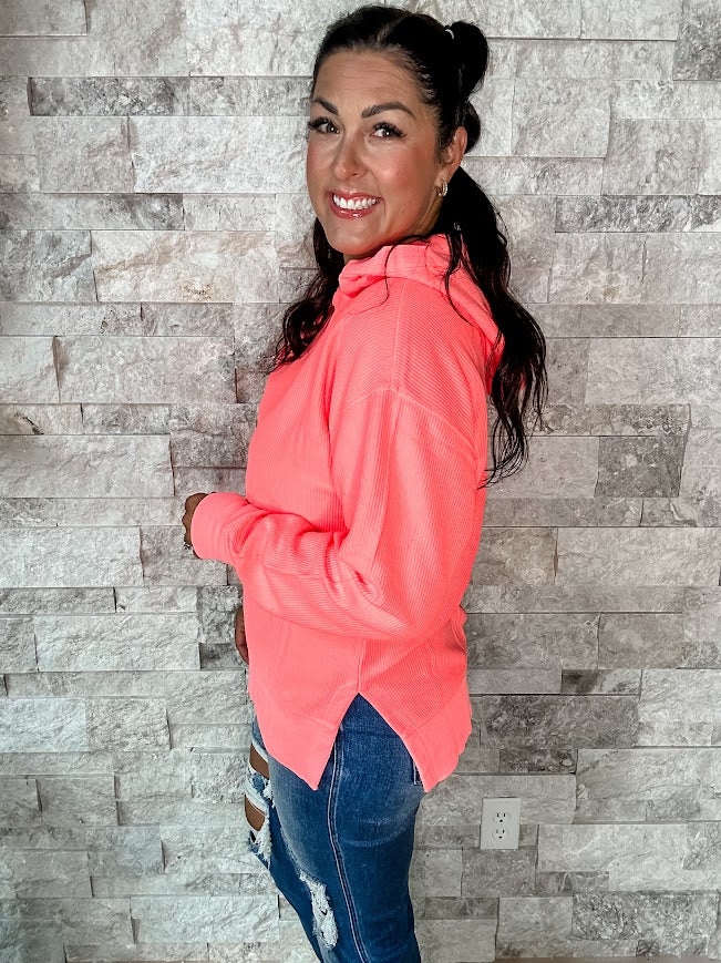 Moon Ryder Corded Hoodie in Coral (S-2XL)-150 Sweatshirts/Hoodies-Moon Ryder-Hello Friends Boutique-Woman's Fashion Boutique Located in Traverse City, MI