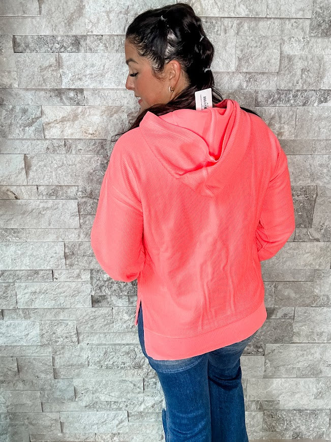 Moon Ryder Corded Hoodie in Coral (S-2XL)-150 Sweatshirts/Hoodies-Moon Ryder-Hello Friends Boutique-Woman's Fashion Boutique Located in Traverse City, MI