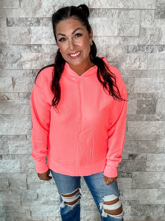 Moon Ryder Corded Hoodie in Coral (S-2XL)-150 Sweatshirts/Hoodies-Moon Ryder-Hello Friends Boutique-Woman's Fashion Boutique Located in Traverse City, MI