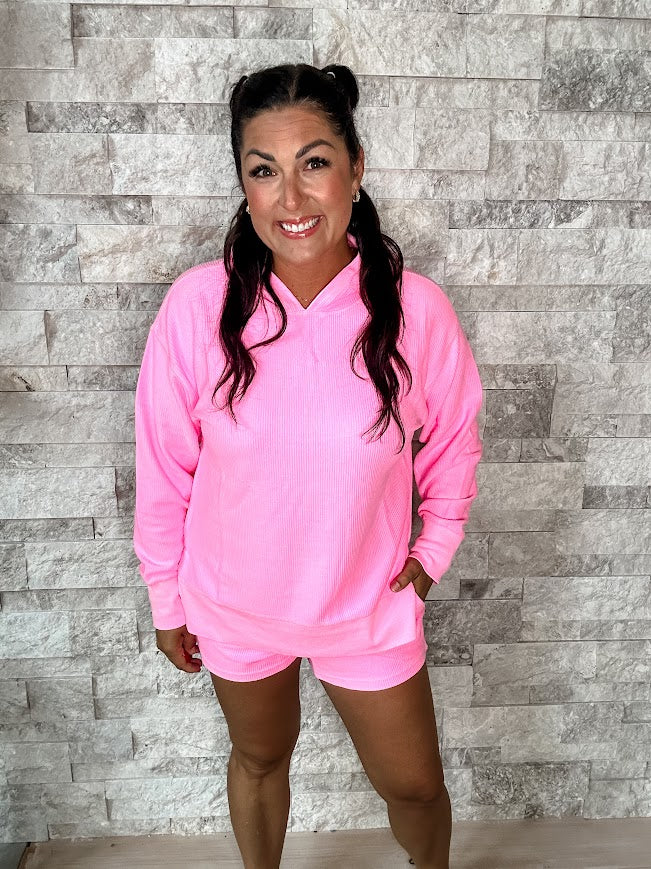 Moon Ryder Corded Hoodie in Pink (S-2XL)-150 Sweatshirts/Hoodies-Moon Ryder-Hello Friends Boutique-Woman's Fashion Boutique Located in Traverse City, MI