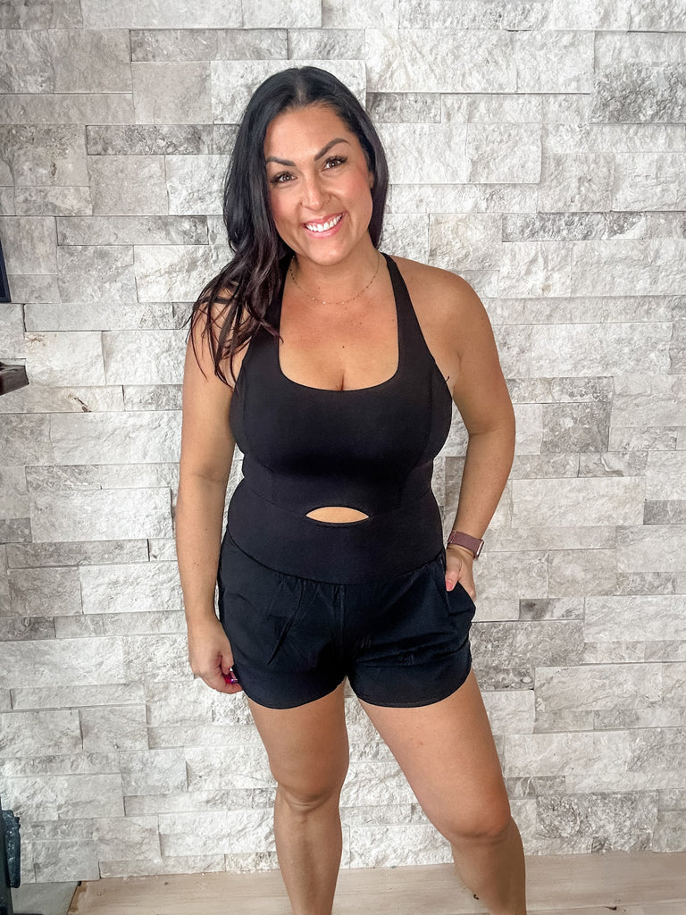 Finish Line Romper in Black (S-3XL)-190 Rompers/Jumpsuits-Rae Mode-Hello Friends Boutique-Woman's Fashion Boutique Located in Traverse City, MI