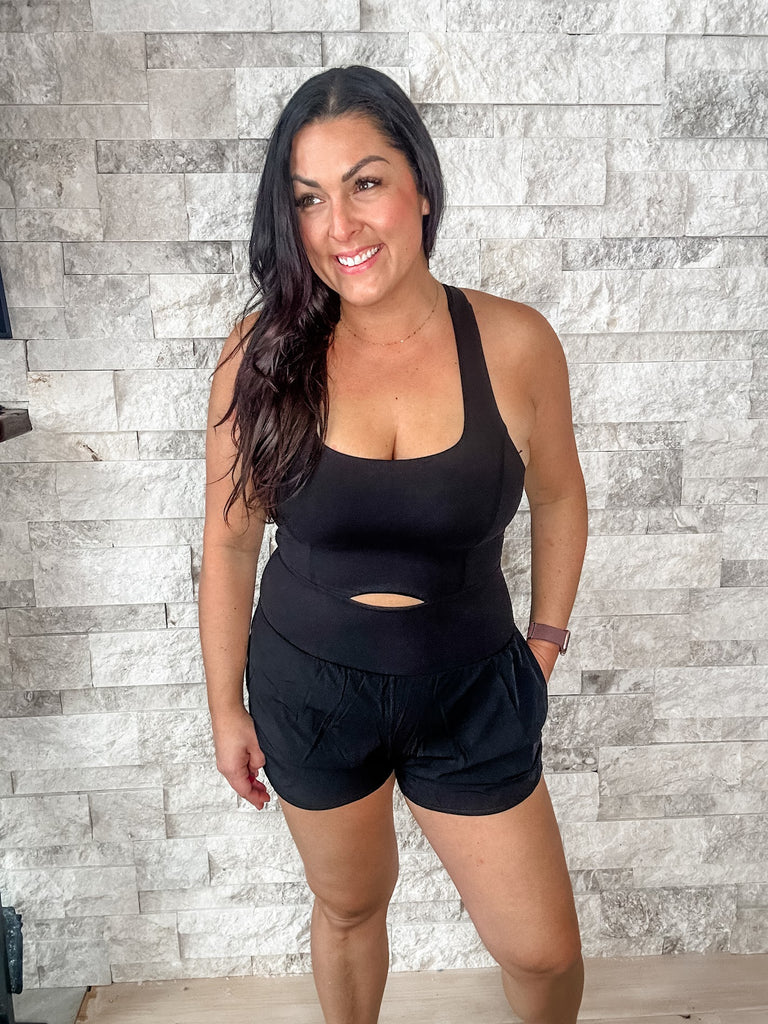 Finish Line Romper in Black (S-3XL)-190 Rompers/Jumpsuits-Rae Mode-Hello Friends Boutique-Woman's Fashion Boutique Located in Traverse City, MI