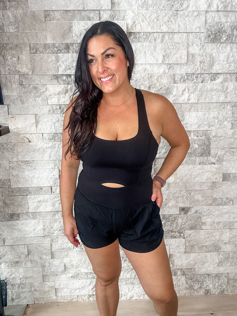 Finish Line Romper in Black (S-3XL)-190 Rompers/Jumpsuits-Rae Mode-Hello Friends Boutique-Woman's Fashion Boutique Located in Traverse City, MI