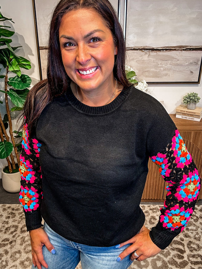 Color Bloom Crochet Sleeve Sweater (S-3XL)-110 Long Sleeve-Sew In Love-Hello Friends Boutique-Woman's Fashion Boutique Located in Traverse City, MI