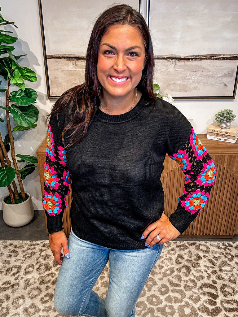 Color Bloom Crochet Sleeve Sweater (S-3XL)-110 Long Sleeve-Sew In Love-Hello Friends Boutique-Woman's Fashion Boutique Located in Traverse City, MI