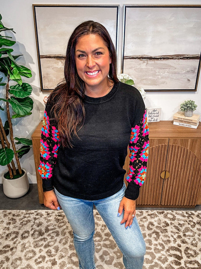 Color Bloom Crochet Sleeve Sweater (S-3XL)-110 Long Sleeve-Sew In Love-Hello Friends Boutique-Woman's Fashion Boutique Located in Traverse City, MI
