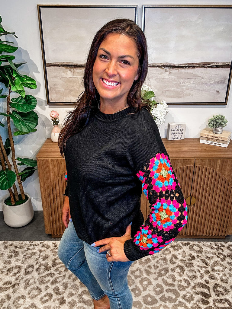 Color Bloom Crochet Sleeve Sweater (S-3XL)-110 Long Sleeve-Sew In Love-Hello Friends Boutique-Woman's Fashion Boutique Located in Traverse City, MI